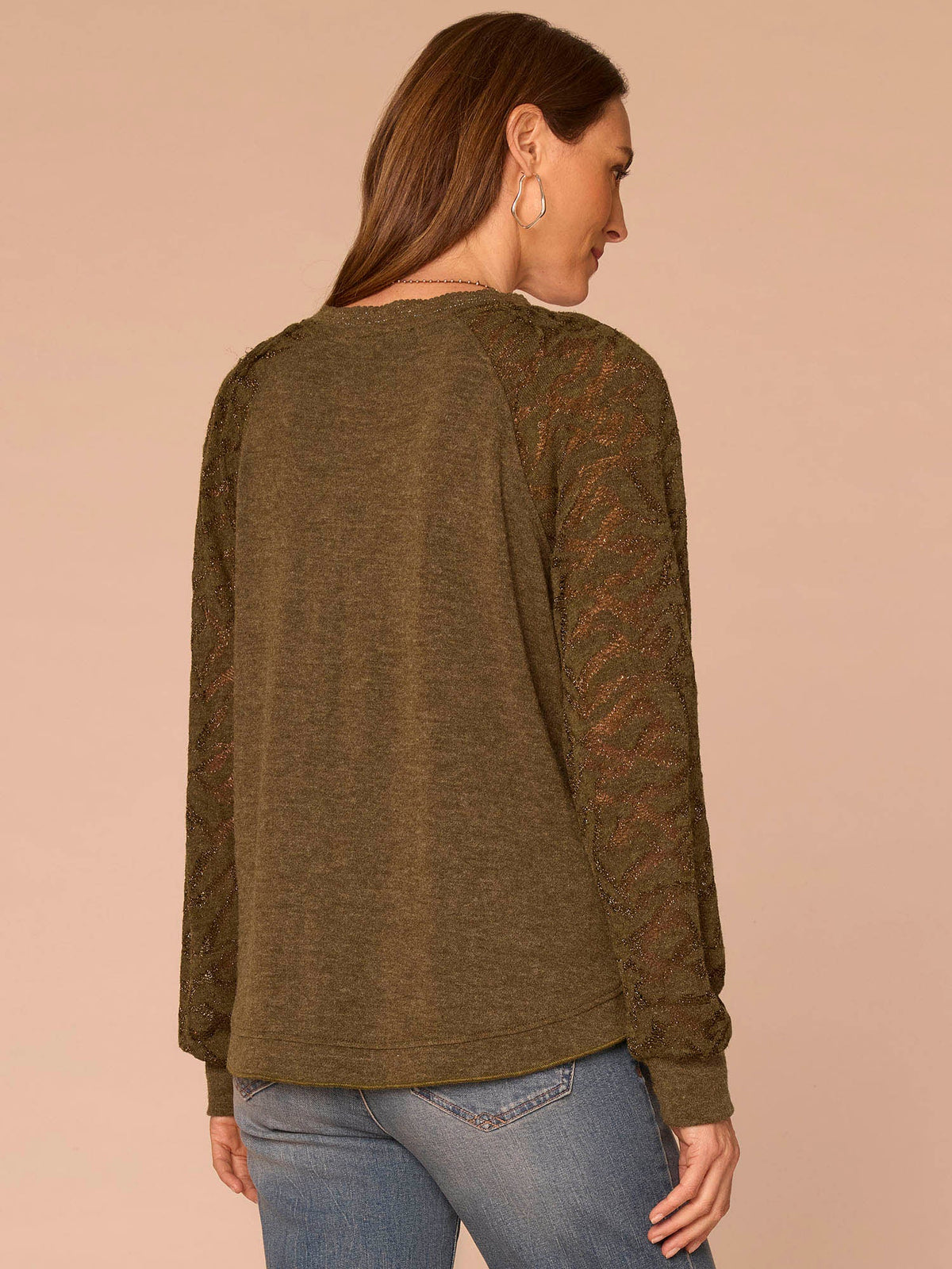 Democracy Clothing Long Blouson Sleeve Mandarin Collar Mixed Media Plus Size Knit Top - Heather Jungle Moss