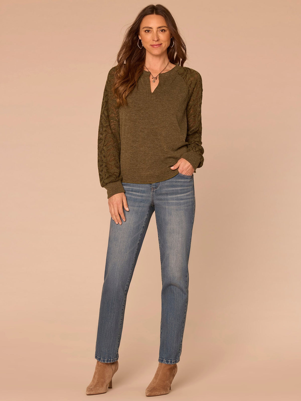 Democracy Clothing Long Blouson Sleeve Mandarin Collar Mixed Media Plus Size Knit Top - Heather Jungle Moss