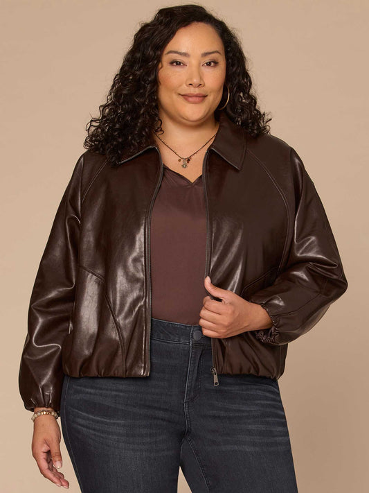 Democracy Clothing Long Blouson Sleeve Collared Zip Up Plus Size Pleather Bomber Jacket - Chocolate Fudge