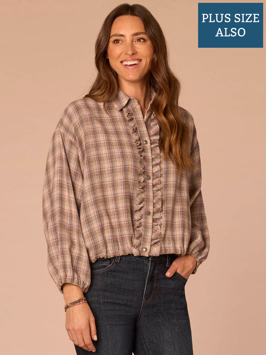 Democracy Clothing Long Blouson Sleeve Ruffle Placket Bubble Hem Plaid Plus Size Shacket - Stone Blue Mint Multi