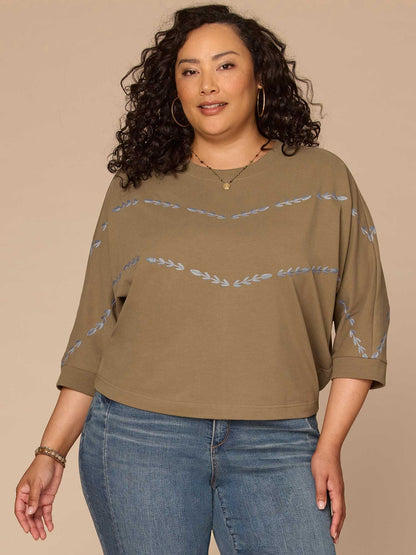 Democracy Clothing Three Quarter Dolman Sleeve Scoop Neck Embroidered Plus Size Knit Top - Laurel Oak Blue Shadow