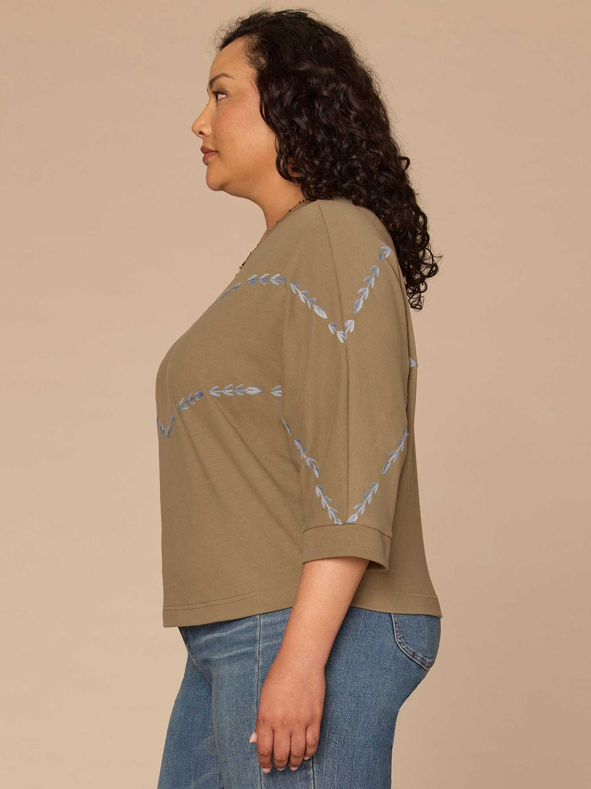 Democracy Clothing Three Quarter Dolman Sleeve Scoop Neck Embroidered Plus Size Knit Top - Laurel Oak Blue Shadow