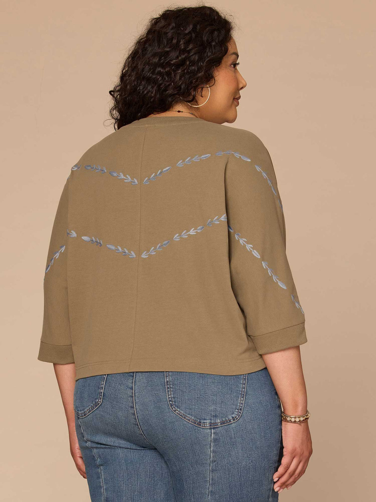 Democracy Clothing Three Quarter Dolman Sleeve Scoop Neck Embroidered Plus Size Knit Top - Laurel Oak Blue Shadow