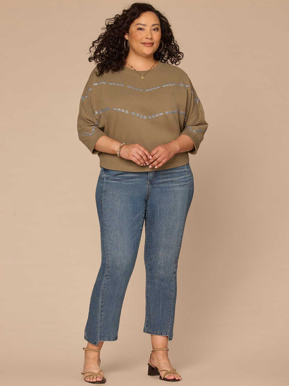 Democracy Clothing Three Quarter Dolman Sleeve Scoop Neck Embroidered Plus Size Knit Top - Laurel Oak Blue Shadow