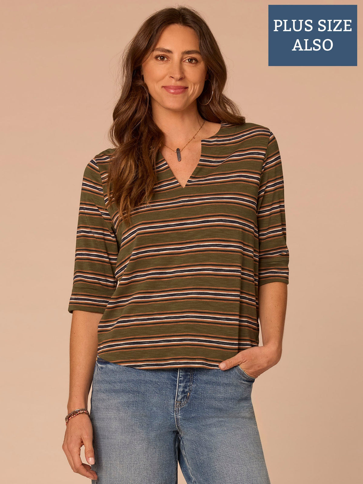 Democracy Clothing Elbow Roll Cuff Sleeve Split V-Neck Striped Plus Knit Top - Celadon Multi