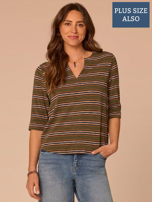 Democracy Clothing Elbow Roll Cuff Sleeve Split V-Neck Striped Plus Knit Top - Celadon Multi