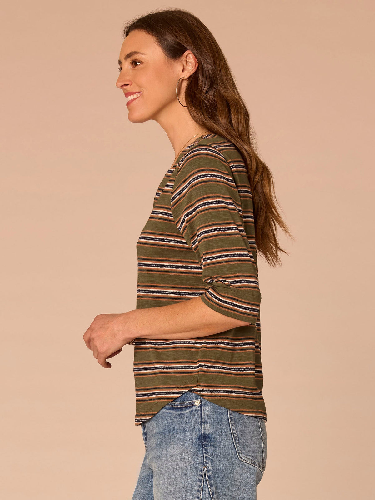 Democracy Clothing Elbow Roll Cuff Sleeve Split V-Neck Striped Plus Knit Top - Celadon Multi