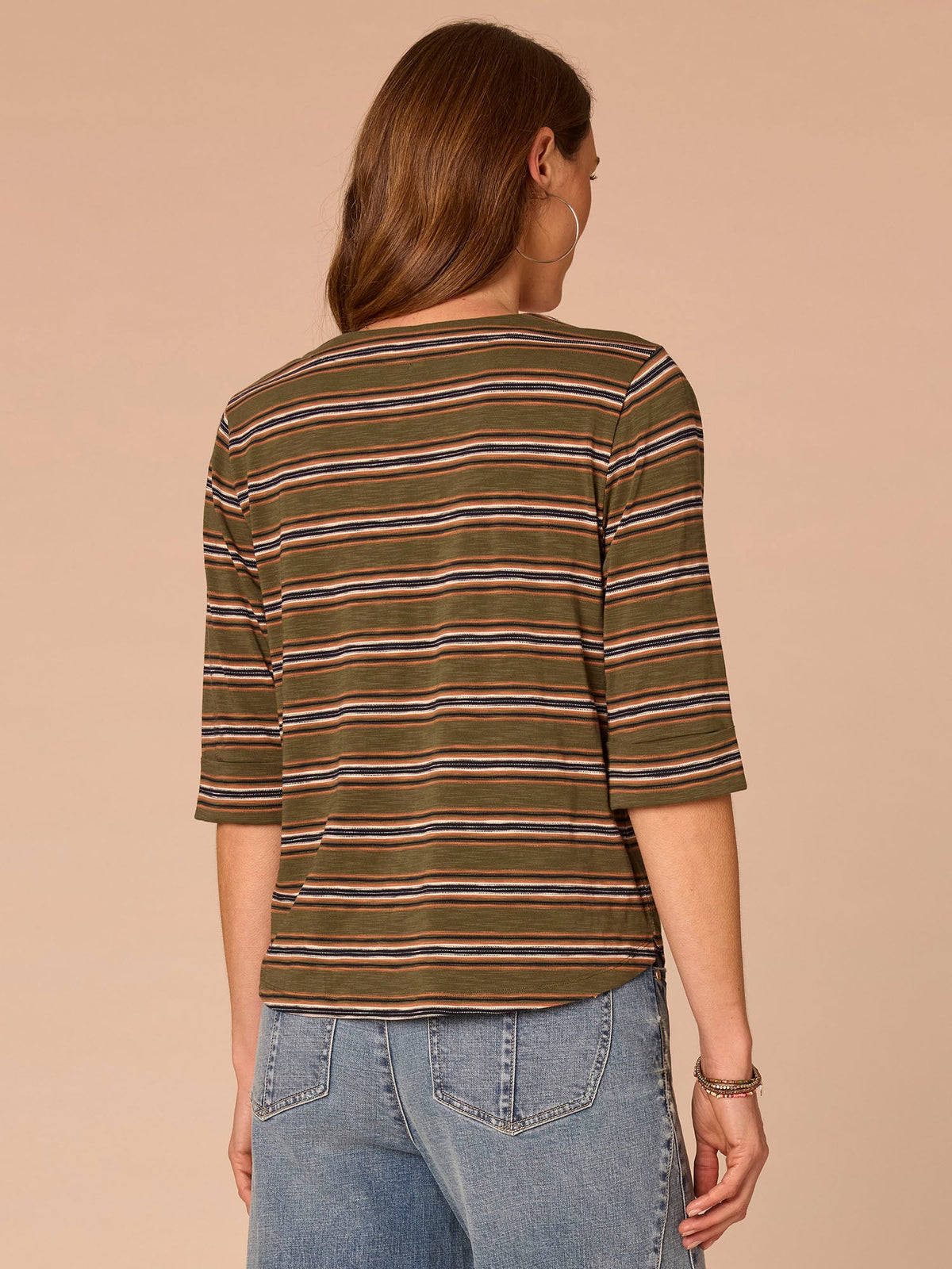 Democracy Clothing Elbow Roll Cuff Sleeve Split V-Neck Striped Plus Knit Top - Celadon Multi