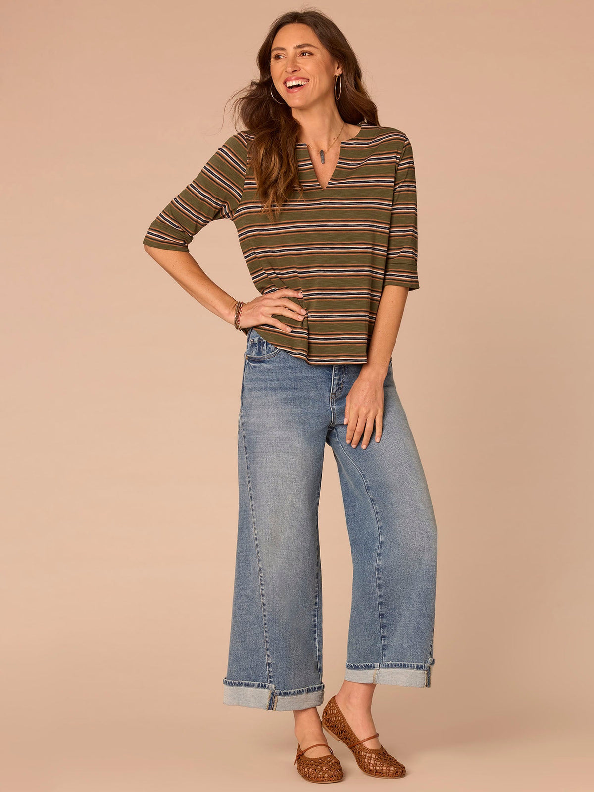 Democracy Clothing Elbow Roll Cuff Sleeve Split V-Neck Striped Plus Knit Top - Celadon Multi