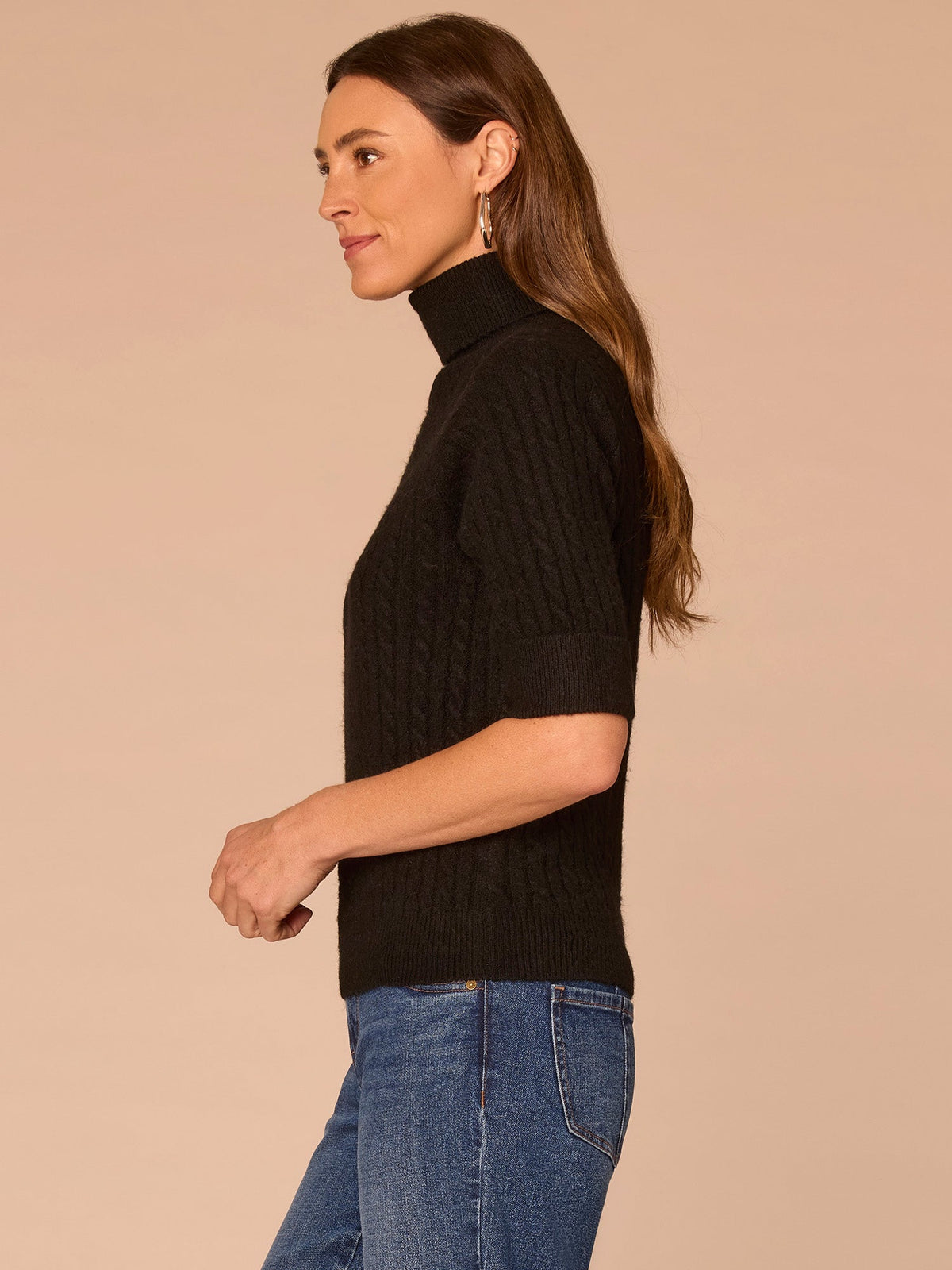 Democracy Clothing Cuffed Elbow Sleeve Turtle Neck Cable Stitch Mix Plus Size Sweater - Black|Midnight Sapphire|Charcoal