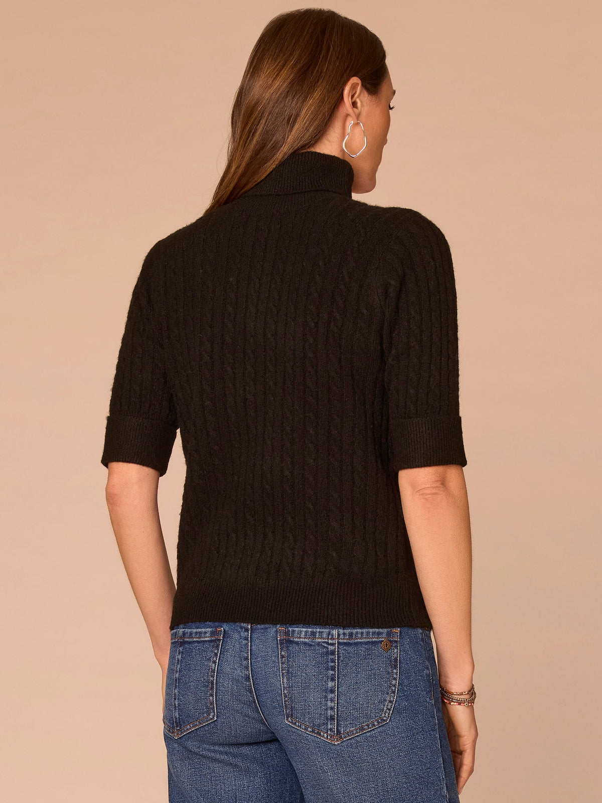Democracy Clothing Cuffed Elbow Sleeve Turtle Neck Cable Stitch Mix Plus Size Sweater - Black|Midnight Sapphire|Charcoal