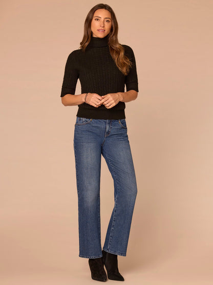 Democracy Clothing Cuffed Elbow Sleeve Turtle Neck Cable Stitch Mix Plus Size Sweater - Black|Midnight Sapphire|Charcoal
