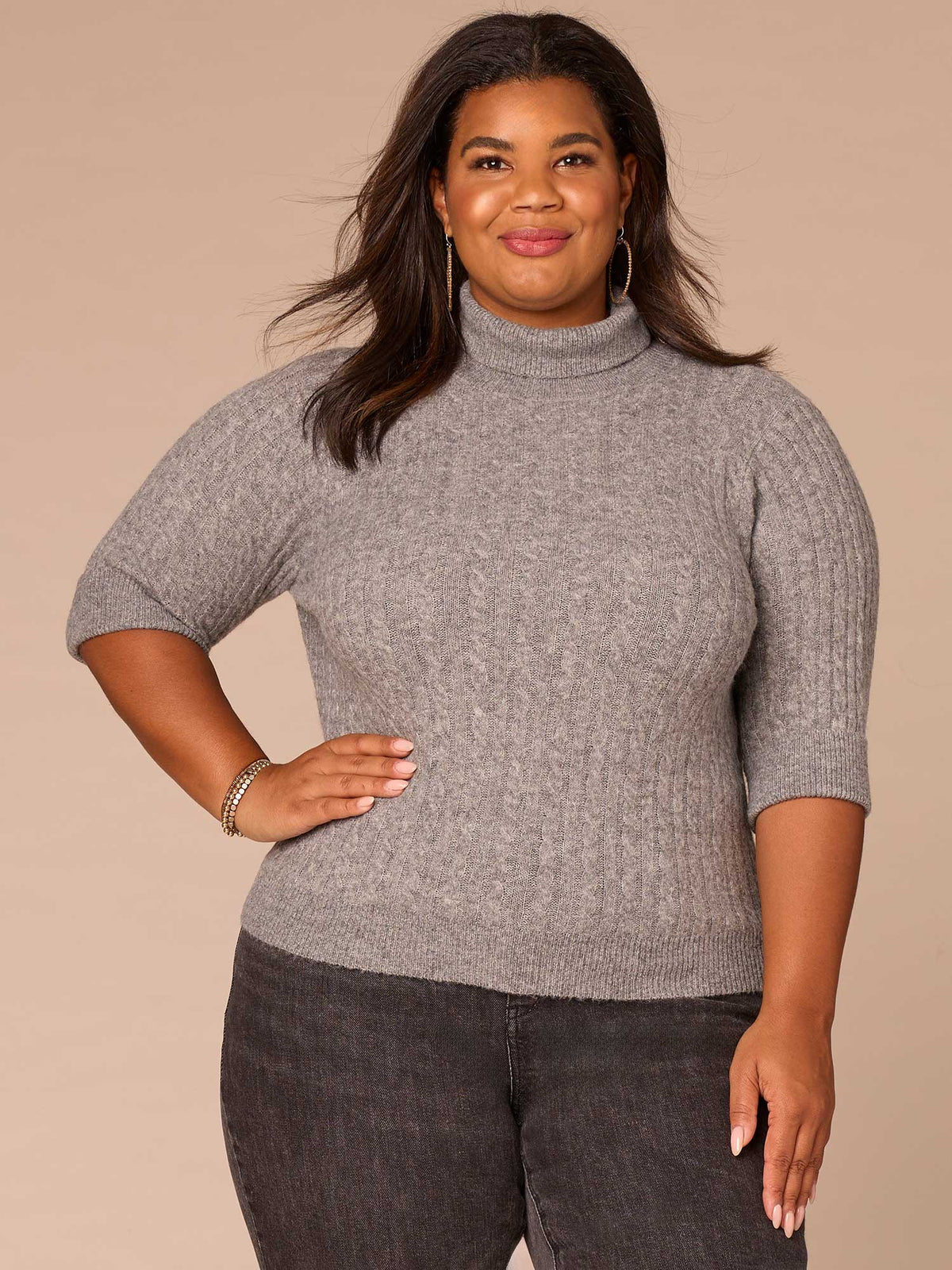 Democracy Clothing Cuffed Elbow Sleeve Turtle Neck Cable Stitch Mix Plus Size Sweater - Black|Midnight Sapphire|Charcoal