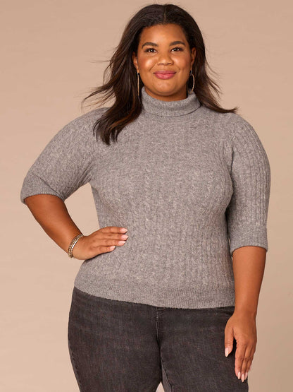 Democracy Clothing Cuffed Elbow Sleeve Turtle Neck Cable Stitch Mix Plus Size Sweater - Black|Midnight Sapphire|Charcoal