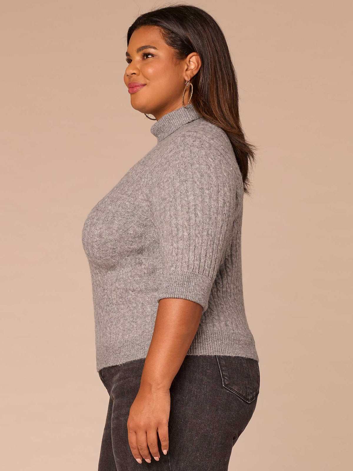 Democracy Clothing Cuffed Elbow Sleeve Turtle Neck Cable Stitch Mix Plus Size Sweater - Black|Midnight Sapphire|Charcoal