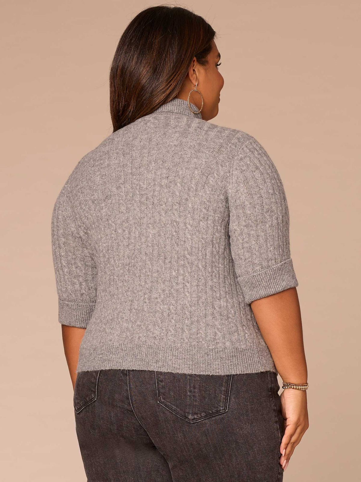 Democracy Clothing Cuffed Elbow Sleeve Turtle Neck Cable Stitch Mix Plus Size Sweater - Black|Midnight Sapphire|Charcoal
