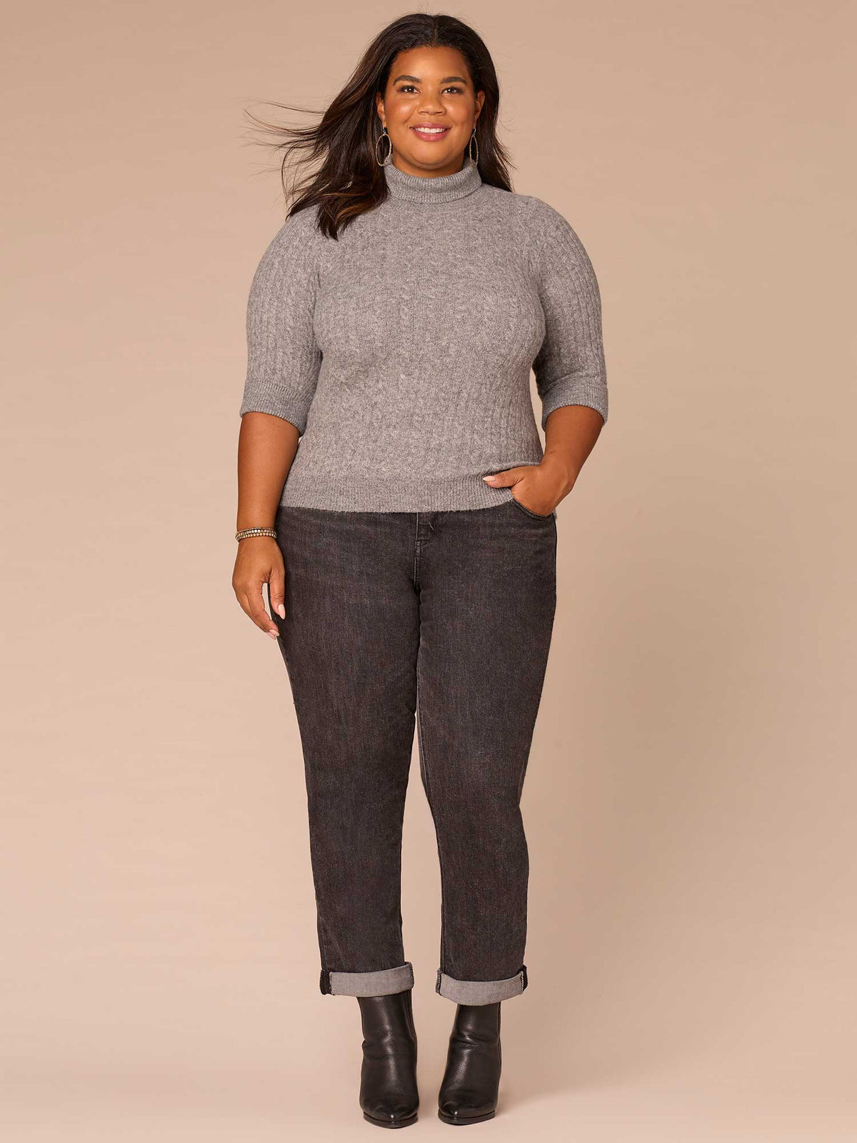 Democracy Clothing Cuffed Elbow Sleeve Turtle Neck Cable Stitch Mix Plus Size Sweater - Black|Midnight Sapphire|Charcoal