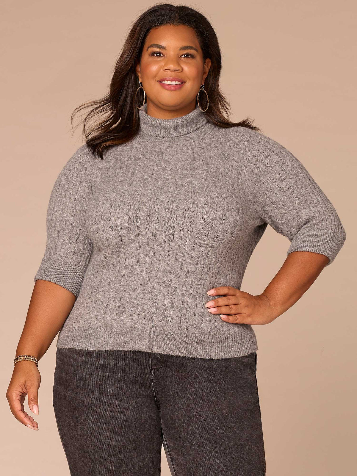 Democracy Clothing Cuffed Elbow Sleeve Turtle Neck Cable Stitch Mix Plus Size Sweater - Black|Midnight Sapphire|Charcoal