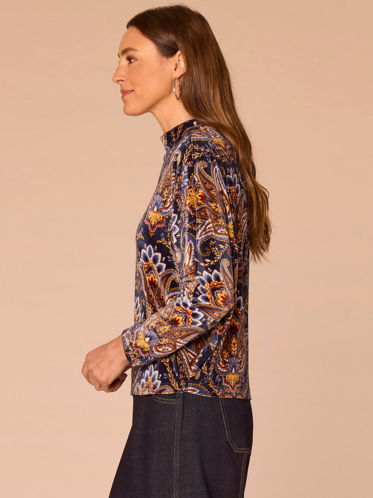 Democracy Clothing Long Batwing Sleeve Mock Neck Placement Print Plus Size Knit Top - Navy Burnt Henna Multi