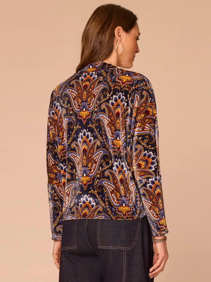 Democracy Clothing Long Batwing Sleeve Mock Neck Placement Print Plus Size Knit Top - Navy Burnt Henna Multi