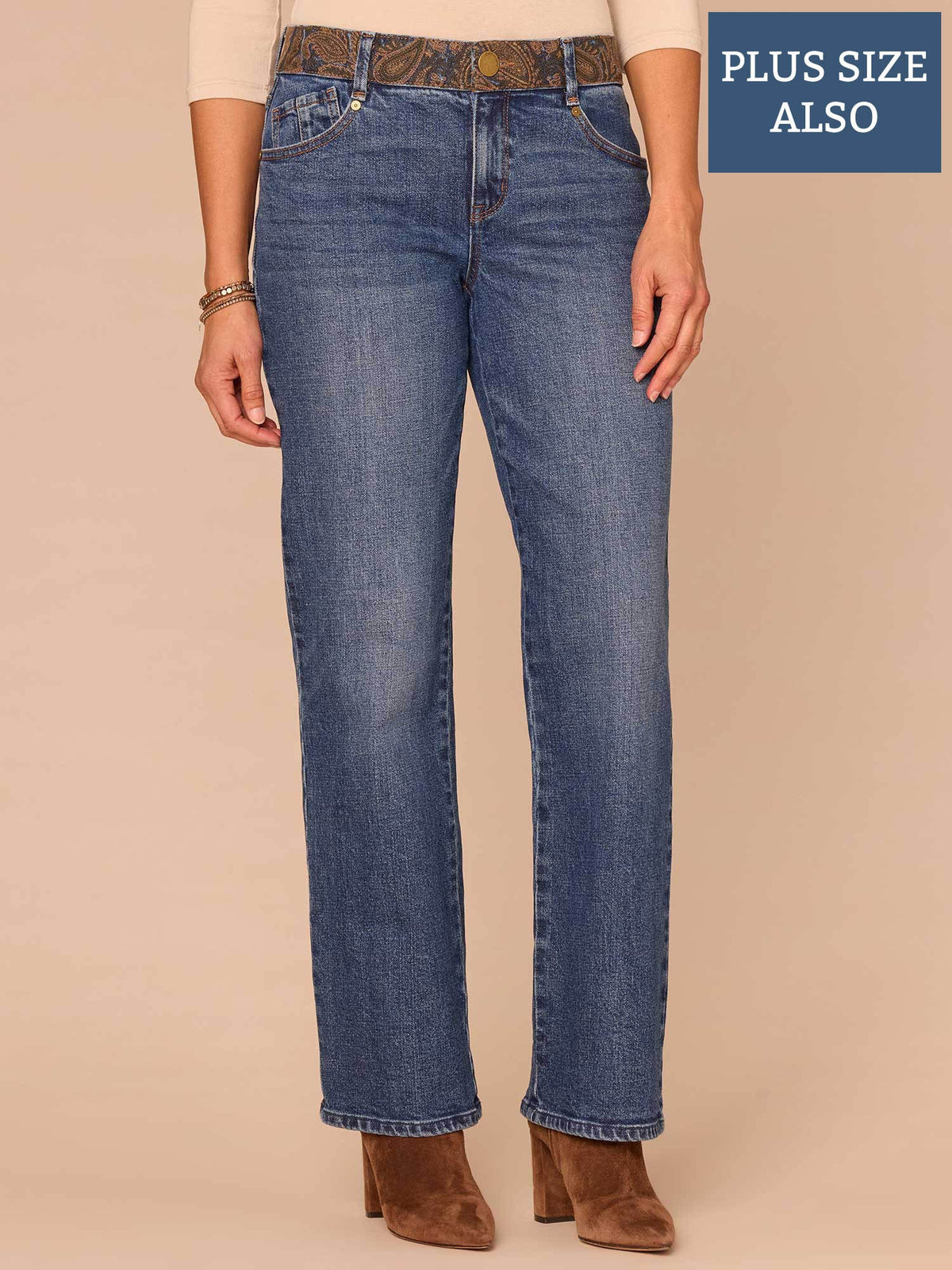 Democracy Clothing "Ab"solution® Mid-Rise Embroidered Waist Straight Leg Plus Size Jeans - Blue Denim