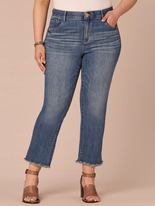 Democracy Clothing “Ab”solution® High Rise Embroidered Fray Plus Size Slim Straight Jean - Mid Blue Artisanal Denim