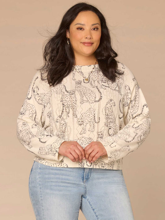 Democracy Clothing Long Straight Sleeve Boat Neck Printed Pull Over Plus Size Sweater - Off White Charcoal