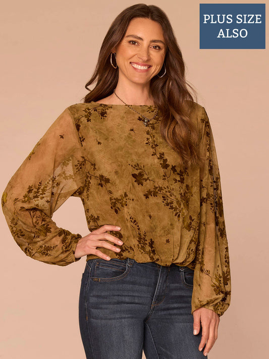 Democracy Clothing Long Blouson Sleeve Boat Neck Bubble Hem Printed Plus Size Knit Top - Jungle Moss