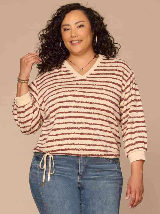 Democracy Clothing Three Quartrer Sleeve V-Neck Jacquard Bands Tie Hem Plus Size Knit Top - Birch Burnt Henna