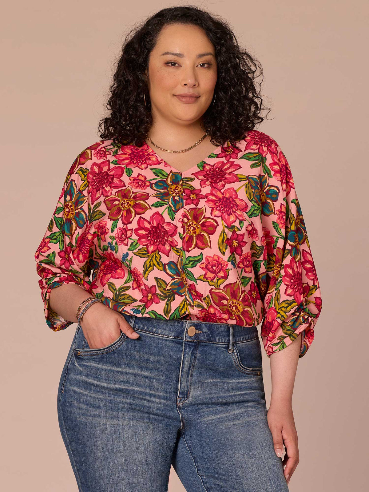 Democracy Clothing Three Quarter Kimono Sleeve V-Neck Floral Print Plus Size Woven Top - Flamingo Pink Multi