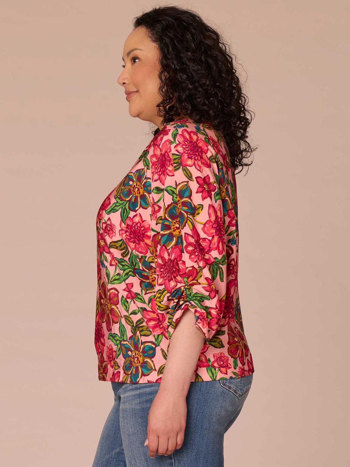 Democracy Clothing Three Quarter Kimono Sleeve V-Neck Floral Print Plus Size Woven Top - Flamingo Pink Multi