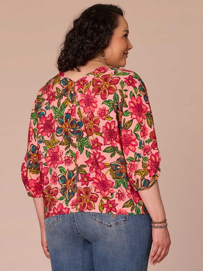 Democracy Clothing Three Quarter Kimono Sleeve V-Neck Floral Print Plus Size Woven Top - Flamingo Pink Multi