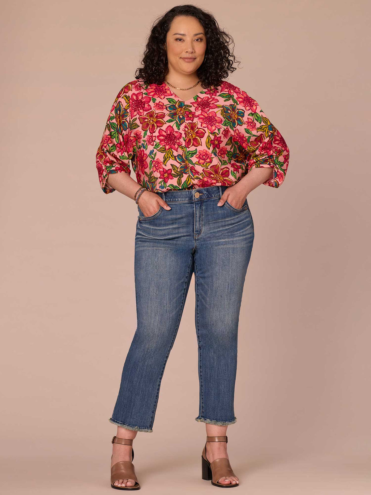 Democracy Clothing Three Quarter Kimono Sleeve V-Neck Floral Print Plus Size Woven Top - Flamingo Pink Multi