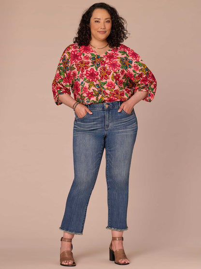 Democracy Clothing Three Quarter Kimono Sleeve V-Neck Floral Print Plus Size Woven Top - Flamingo Pink Multi