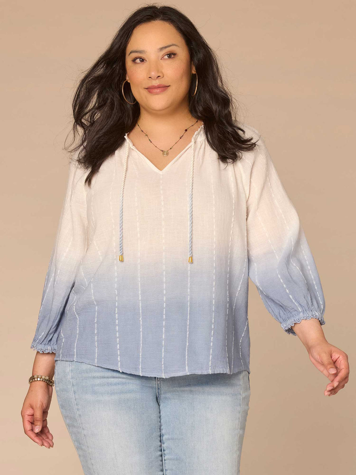 Democracy Clothing Three Quarter Sleeve Split Neck Ombre Plus Size Woven Top with Tie - White Blue Gradient