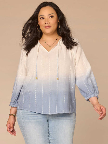 Democracy Clothing Three Quarter Sleeve Split Neck Ombre Plus Size Woven Top with Tie - White Blue Gradient
