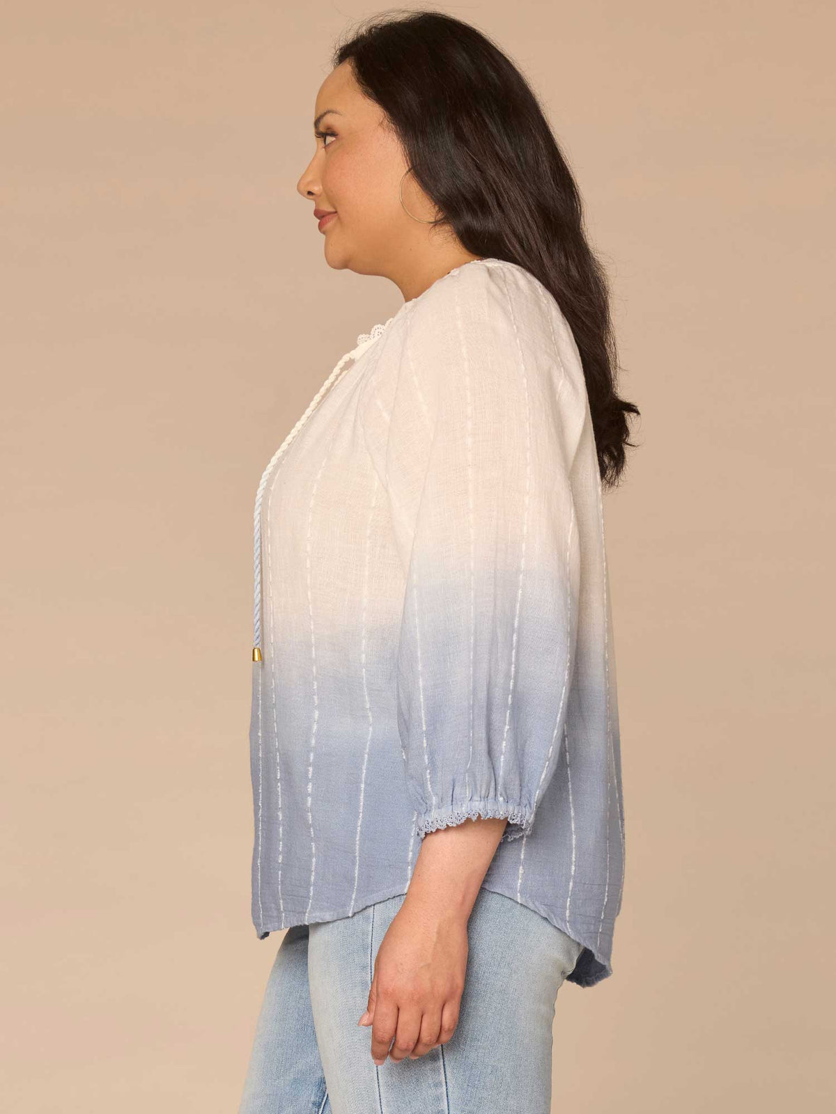 Democracy Clothing Three Quarter Sleeve Split Neck Ombre Plus Size Woven Top with Tie - White Blue Gradient