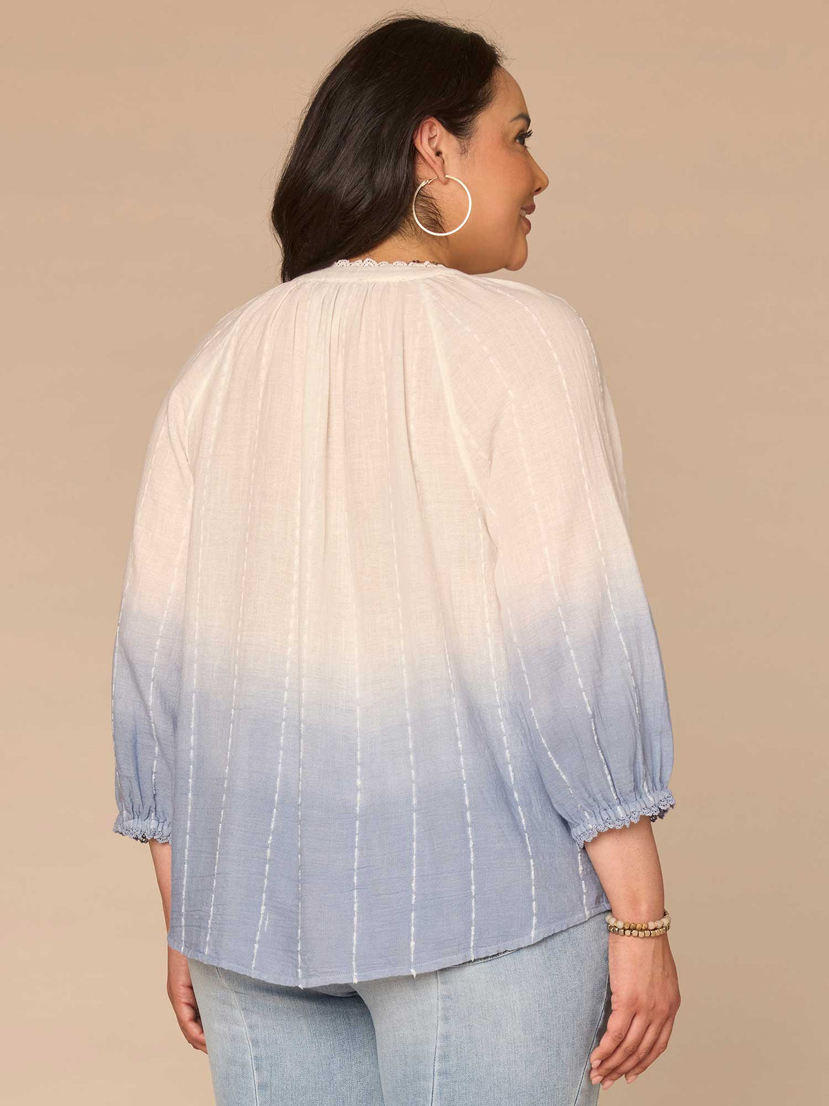 Democracy Clothing Three Quarter Sleeve Split Neck Ombre Plus Size Woven Top with Tie - White Blue Gradient