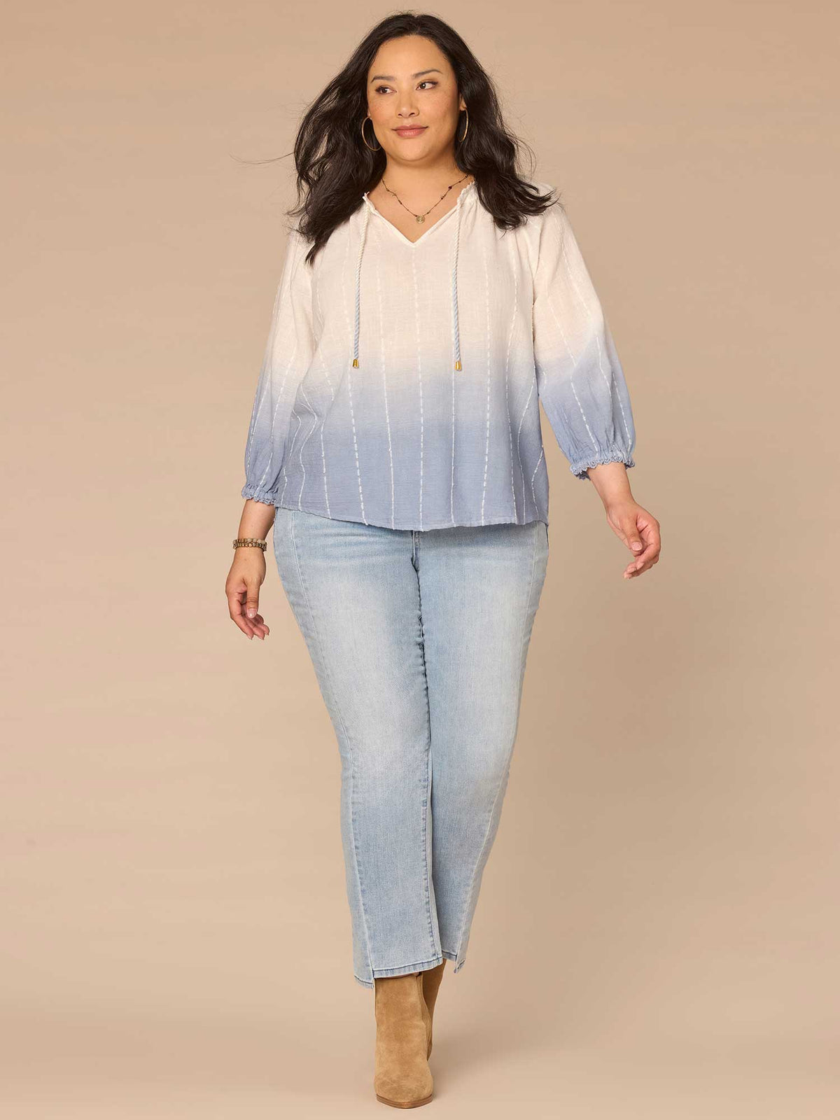 Democracy Clothing Three Quarter Sleeve Split Neck Ombre Plus Size Woven Top with Tie - White Blue Gradient