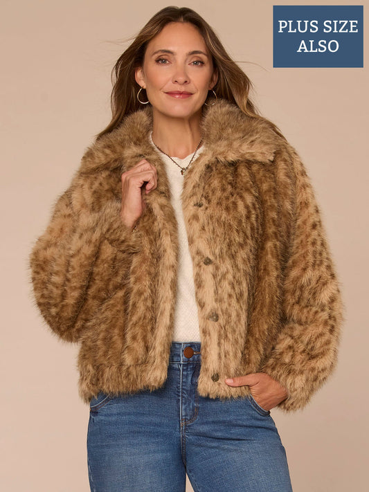 Democracy Clothing Blouson Sleeve Wide Collar Wildlife Print Plus Size Faux Fur Bomber - Gingersnap Multi