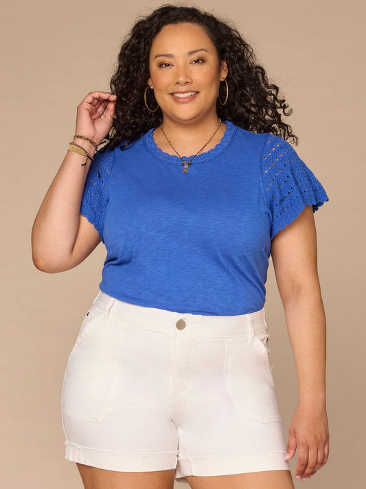 Democracy Clothing Short Flutter Sleeve Crochet Scoop Neck Plus Size Knit Top - Pacific Blue