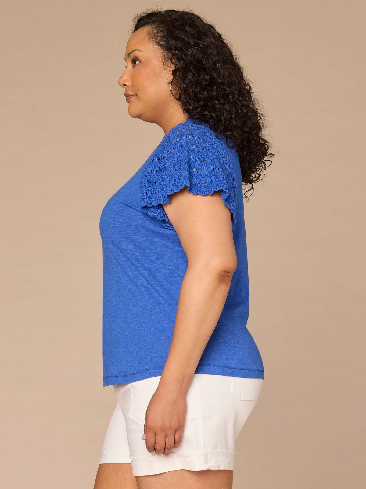 Democracy Clothing Short Flutter Sleeve Crochet Scoop Neck Plus Size Knit Top - Pacific Blue