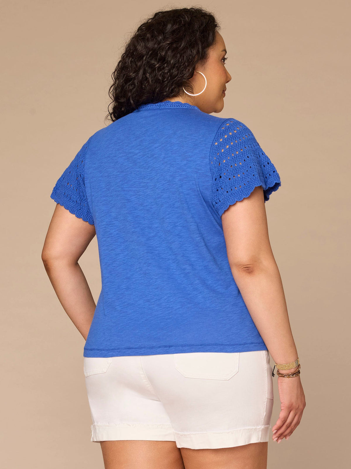Democracy Clothing Short Flutter Sleeve Crochet Scoop Neck Plus Size Knit Top - Pacific Blue