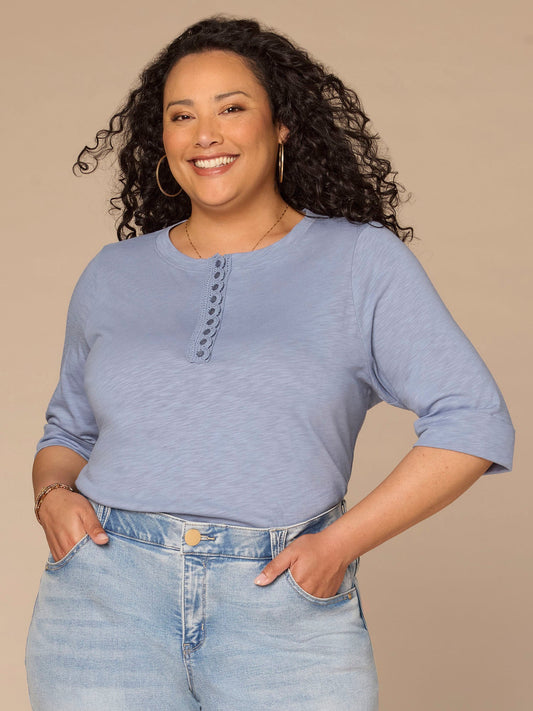 Democracy Clothing Elbow Roll Cuff Sleeve Scoop Neck Crochet Placket Plus Size Knit Top - Horizon Blue