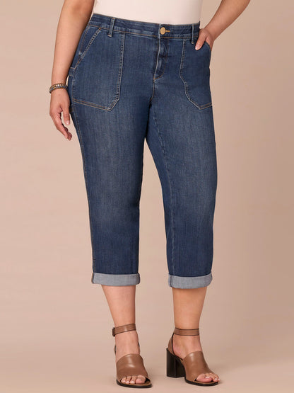 Democracy Clothing "Ab"solution® High Rise Patch Pocket Roll Cuff Plus Size Utility Jeans - Blue Denim