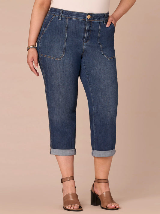 Democracy Clothing "Ab"solution® High Rise Patch Pocket Roll Cuff Plus Size Utility Jeans - Blue Denim