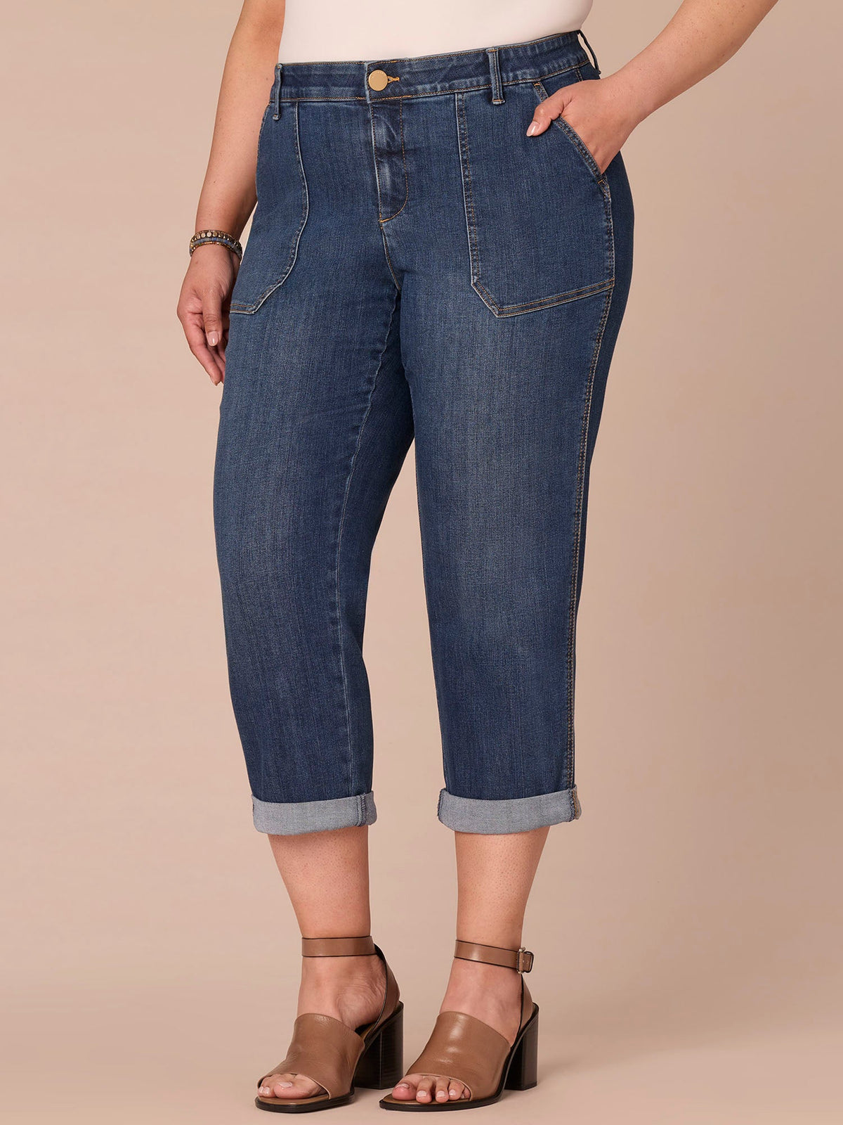 Democracy Clothing "Ab"solution® High Rise Patch Pocket Roll Cuff Plus Size Utility Jeans - Blue Denim