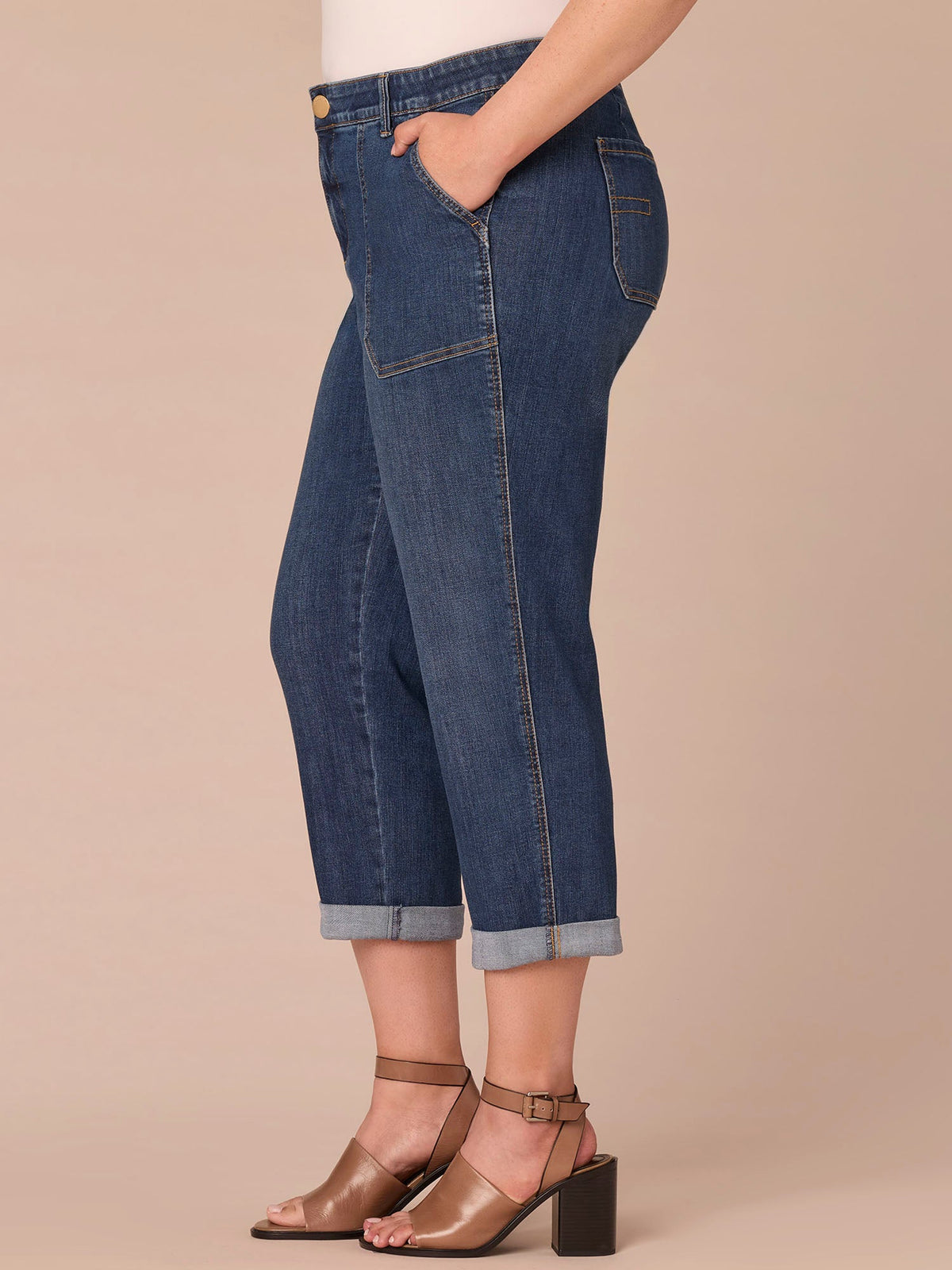 Democracy Clothing "Ab"solution® High Rise Patch Pocket Roll Cuff Plus Size Utility Jeans - Blue Denim