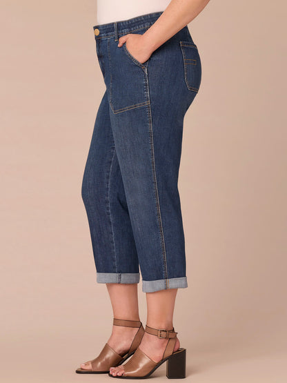Democracy Clothing "Ab"solution® High Rise Patch Pocket Roll Cuff Plus Size Utility Jeans - Blue Denim