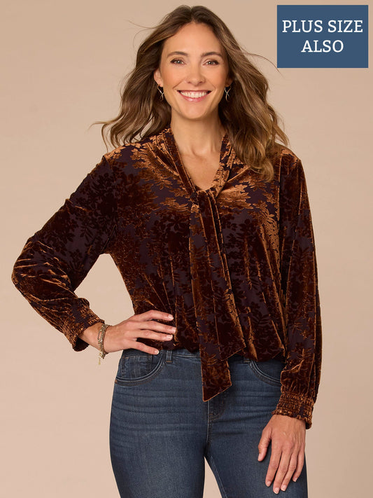 Democracy Clothing Long Blouson Sleeve Tie Neck Bubble Hem Printed Plus Size Knit Top - Indigo Brown